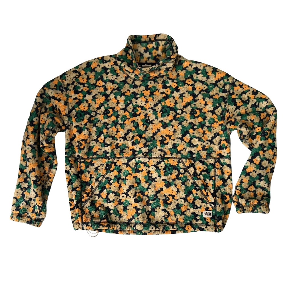The North Face TKA Glacier Floral Fleece Pullover Funnel Neck Green Orange L